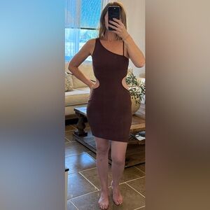 Crescent One Shoulder Cutout Bodycon Mini Dress Brown Size L